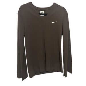 Nike Ribbed Long Sleeve V-Neck Top Brown Women’s Size Large